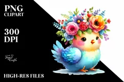 Colorful Chicken with Flower Crown, Cartoon Style PNG Product Image 1