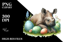 Rhino in Grass with Easter Eggs, Digital Watercolor PNG Product Image 2
