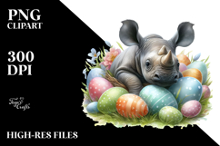 Rhino in Grass with Easter Eggs, Digital Watercolor PNG Product Image 2