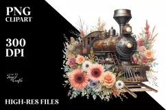 Watercolor Vintage Rusty Train with Flowers | Clipart Product Image 1