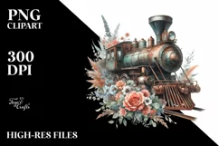 Watercolor Vintage Rusty Train with Flowers | Clipart Product Image 3