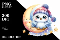 Smiling Cute Baby Snowy Owl in Moon | Clipart Product Image 1