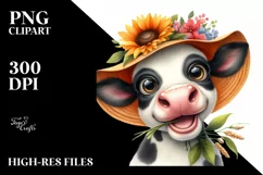 Cow Watercolor Cow Portrait with Sun Hat and Enthusiastic Product Image 1