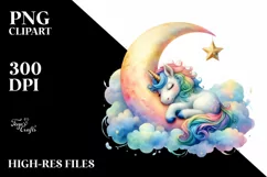 Colorful Unicorn Napping on Moon, PNG Product Image 3