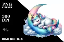 Colorful Unicorn Napping on Moon, PNG Product Image 1