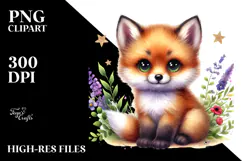 Cute Fox with Big Eyes, Digital Watercolor PNG Product Image 2