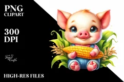 Funny Cute Baby Pig Holding Corncob | Sublimation | Clipart Product Image 1