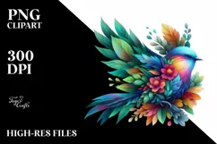 Vibrant Bird with Flowers, Watercolor PNG Product Image 1
