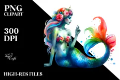 Cute Sitting Mermaid, Watercolor PNG Product Image 2