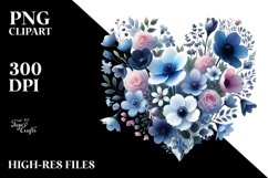 Watercolor Blue Heart with Spring Flowers PNG Product Image 2