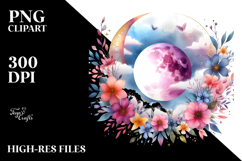 Enchanting Moon and Flowers Watercolor | Clipart Product Image 2