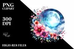 Magical Moon with Flowers Watercolor | Clipart Product Image 1