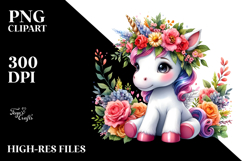 Cute Sitting Unicorn with Floral Wreath PNG Product Image 2