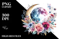 Boho Moon with Flowers Watercolor Art | Clipart Product Image 2