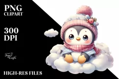 Cute Retro Baby Penguin in Winter Clothes on a Cloud PNG Product Image 3