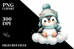 Cute Retro Baby Penguin in Winter Clothes on a Cloud PNG Product Image 3