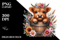 Cute Baby Highland Cow with Flowers, PNG Product Image 1