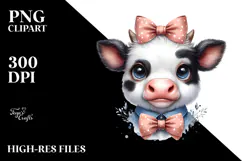Funny Baby Cow with Bow and Tie PNG Product Image 2
