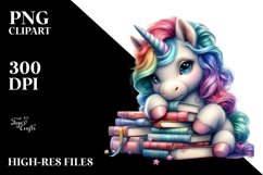 Colorful Unicorn with Stack of Books, PNG Product Image 1