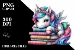 Colorful Unicorn with Stack of Books, PNG Product Image 3