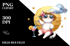 Happy Cat in Beachwear Drinking Cocktail PNG Product Image 2