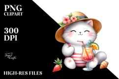 Happy Cat in Beachwear Drinking Cocktail PNG Product Image 2