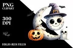 Funny Watercolor Halloween Simple Moon Clipart Product Image 3