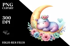 Colorful Baby Hippo Sleeping Moon Clipart Product Image 1