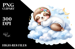 Cute Baby Sloth Sleeping On The Cloud Clipart Product Image 2