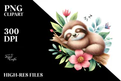 Cute Baby Sloth Sleeping on Flower, PNG Product Image 2