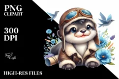 Colorful Baby Otter in Aviator Suit Watercolor Clipart Product Image 1
