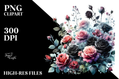 Vibrant Washed Black Roses White Background Clipart Product Image 2