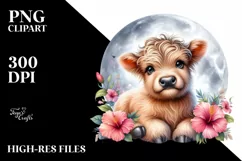 Baby Highland Cow with Hibiscus | Clipart Product Image 1