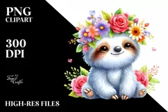 Cartoon Sloth with Flower Crown Watercolor Clipart Product Image 1
