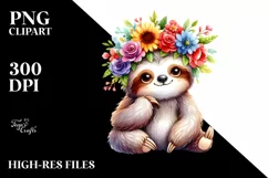 Cartoon Sloth with Flower Crown Watercolor Clipart Product Image 3