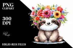 Cartoon Sloth with Flower Crown Watercolor Clipart Product Image 1