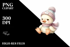 Cute Vintage Baby Duck in Winter Clothes on a Cloud PNG Product Image 1