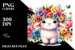 Cartoon Lamb with Flower Crown Watercolor Clipart Product Image 1