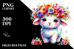 Cartoon Lamb with Flower Crown Watercolor Clipart Product Image 3