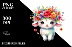 Cartoon Lamb with Flower Crown Watercolor Clipart Product Image 1