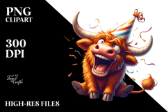 Highland Cow with Party Hat, Expressive Pose PNG Product Image 2