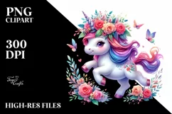 cute Unicorn Running with Floral Wreath PNG Product Image 1