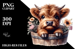 Cute Baby Highland Cow in Wood Bucket, Transparent PNG Product Image 2