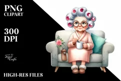 Old Lady Watercolor with Couch and Mug | Sublimation | Product Image 1