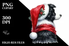 Border Collie with Santa Hat Watercolor Christmas PNG Product Image 3