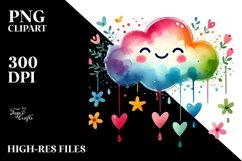 Simple Smiling Watercolor Cloud with Hearts PNG Product Image 2