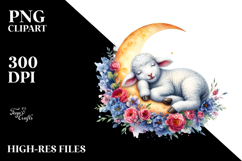 Sleeping Lamb on Moon with Flowers | Clipart Product Image 2