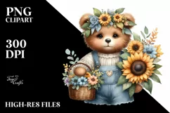 Detailed Boho Cute Baby Bear Sunflower Clipart Product Image 3