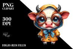 Watercolor Baby Cow with Big Eyes es and Raincoat | Clipart Product Image 2