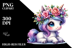 Cute Baby Unicorn with Floral Wreath,Watercolor PNG Product Image 2